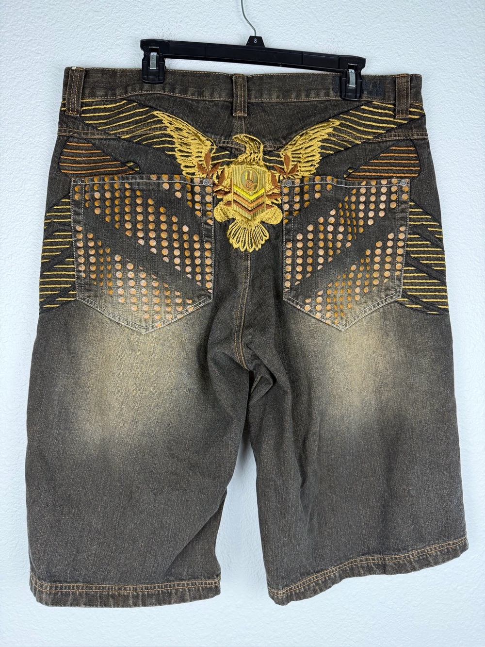 Miskeen Y2K baggy eagle-embroidered denim shorts dark wash size 38